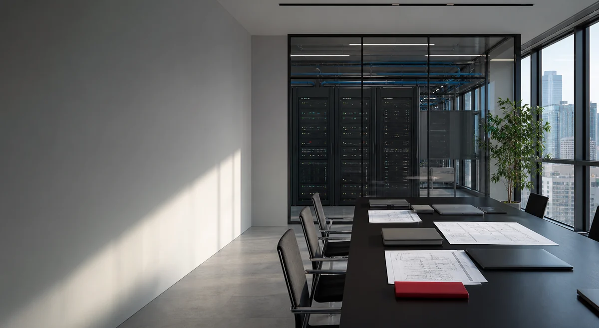 Enterprise IT strategy room with cloud and security infrastructure