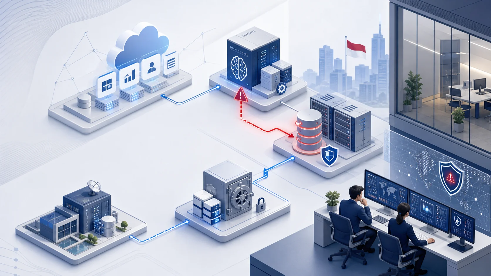 Enterprise cloud security illustration showing AI workflow risk, database exposure, and backup disaster recovery protection